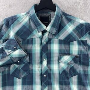 7 Diamonds Western Snap Shirt Mens‎ Size Large Blue Green Plaid Pearl Snap
